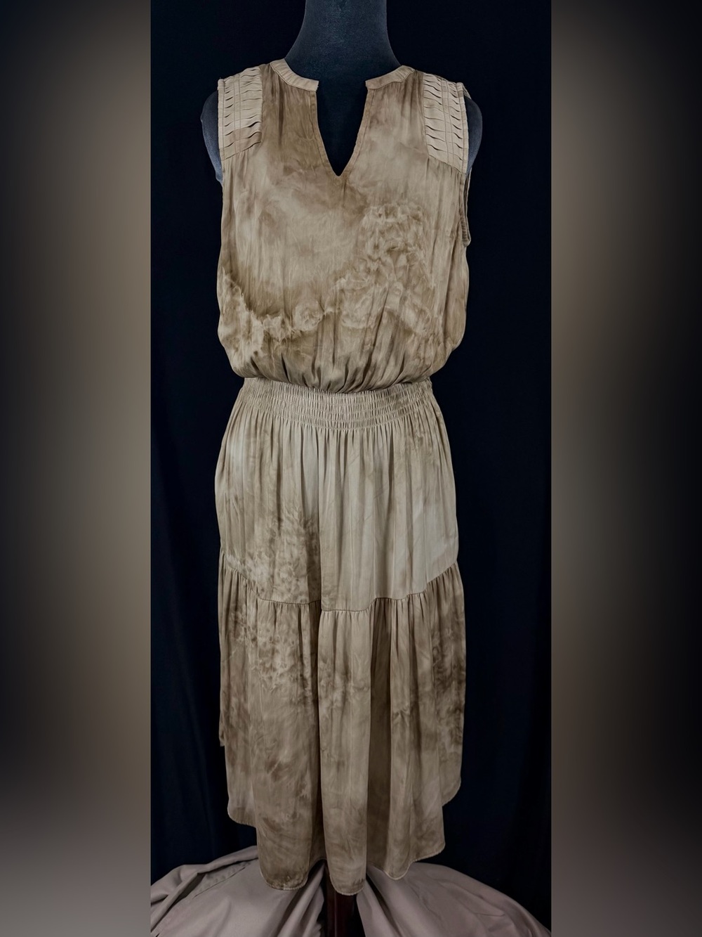 Madison Grey Women’s Dress Sleeveless Midi in Neutral Taupe Tie-Dye lightweight